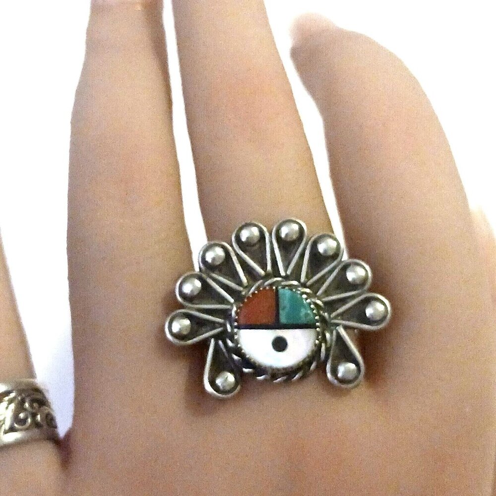 Native American Sterling Zuni Sun Face multi Stone Ring Sz 7 (1561)
